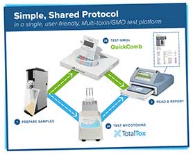 From the same sample, you can test multiple mycotoxins and GMOs simultaneously with TotalTox and QuickScan II