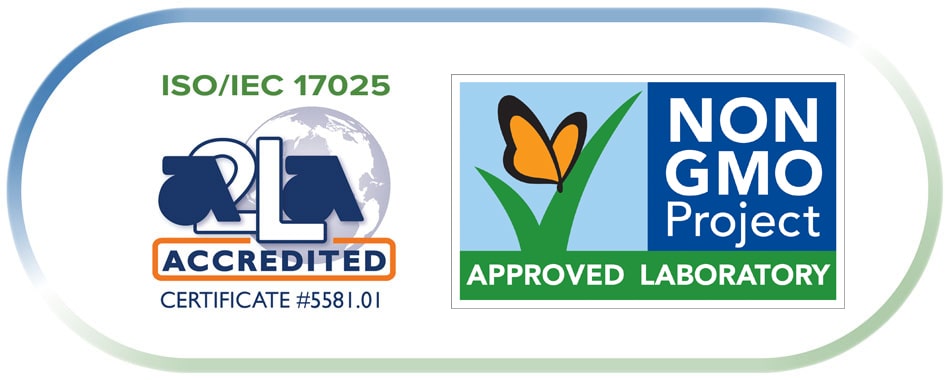 Graphic showing ISO-17025 and The Non-GMO Project Accreditation seals