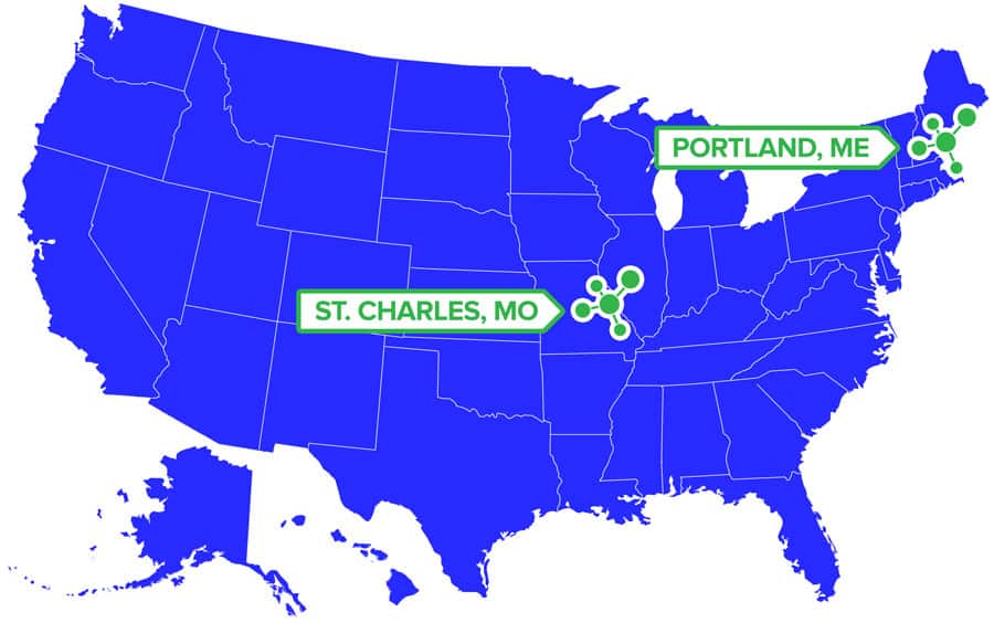 US Map showing EnviroLogix Lab Services location at St. Charles, MO and Portland, ME