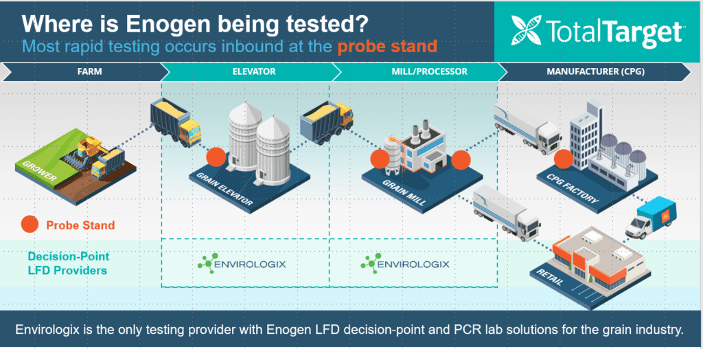 Graphic showing key Enogen inbound testing points in the grain supply chain. 